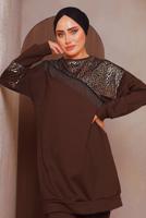 Tesettür giyim KAHVE LEOPAR DESENLİ PANTOLONLU TAKIM 5372 