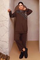 Tesettür giyim KAHVE LEOPAR DESENLİ PANTOLONLU TAKIM 5372 