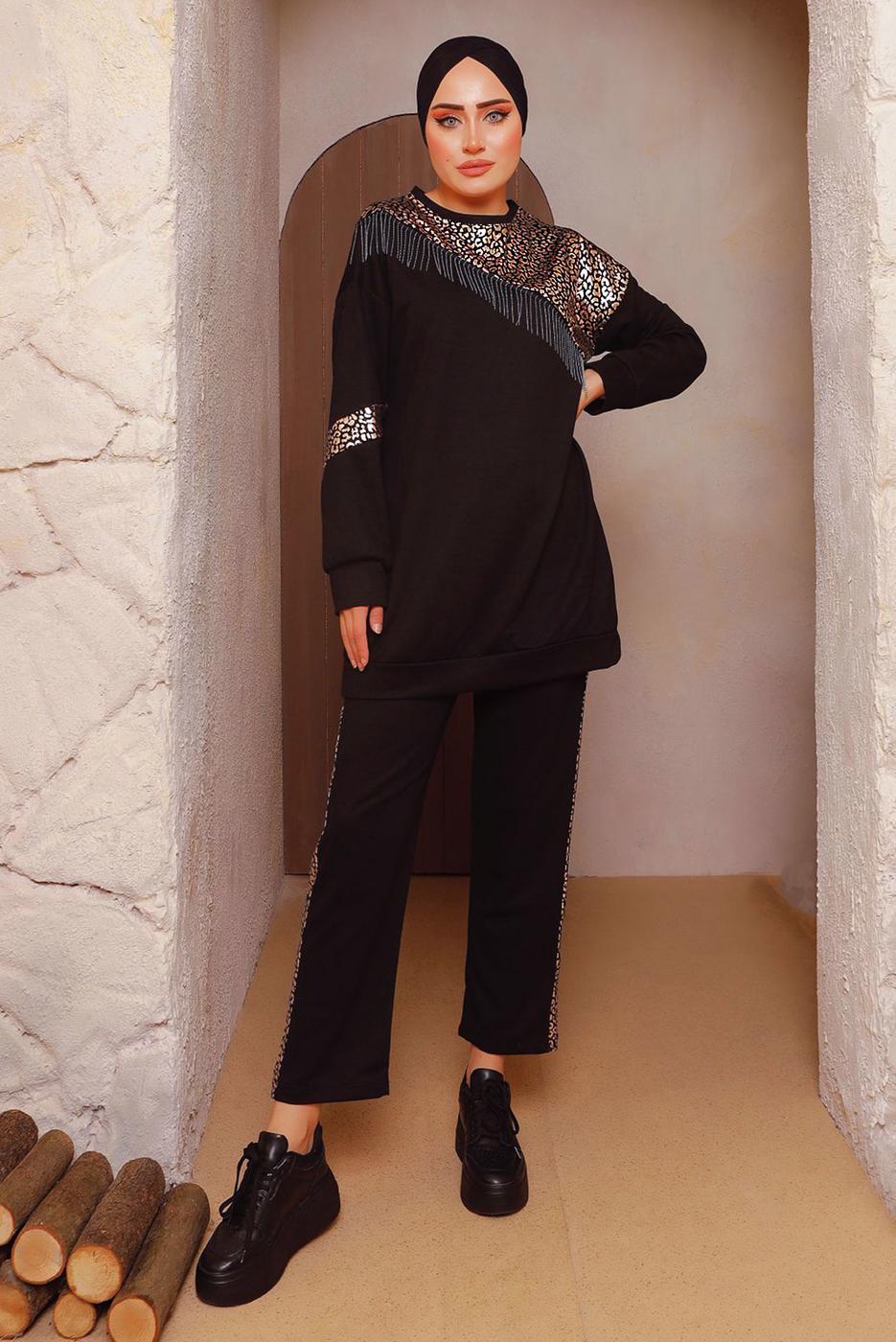 Tesettür giyim ALTIN LEOPAR DESENLİ PANTOLONLU TAKIM 5372 
