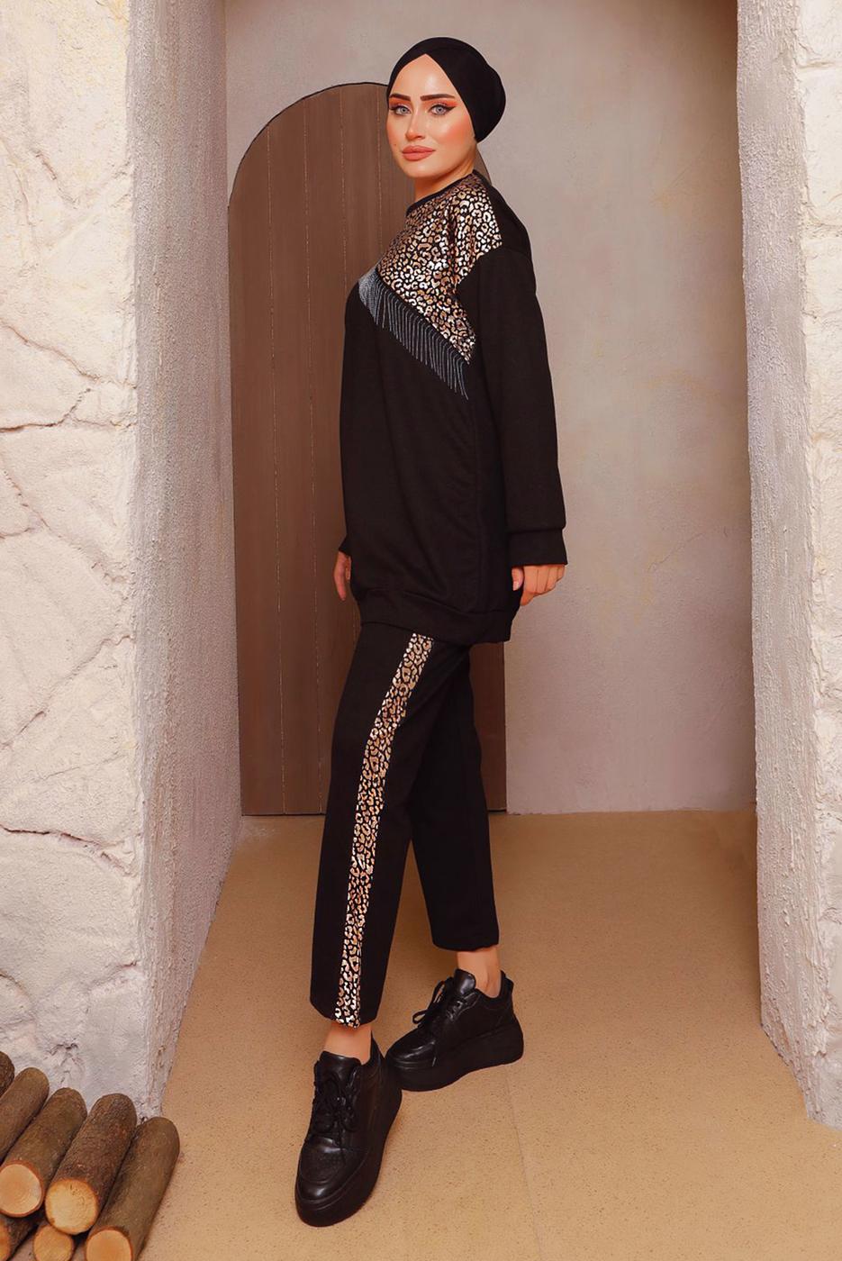 Tesettür giyim ALTIN LEOPAR DESENLİ PANTOLONLU TAKIM 5372 