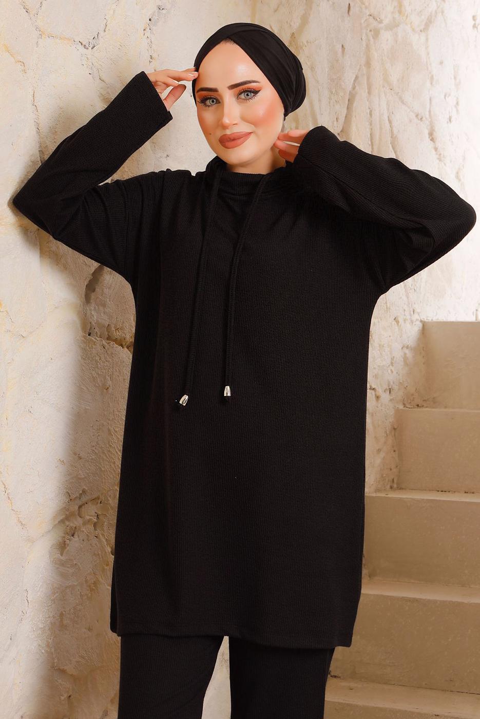 Vêtements hijab NOIR COSTUME PANTALON BASIQUE DÉTAIL NOUÉ 5482