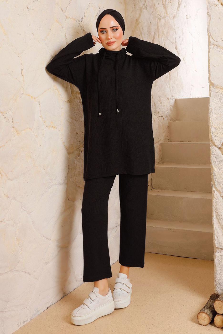 Vêtements hijab NOIR COSTUME PANTALON BASIQUE DÉTAIL NOUÉ 5482