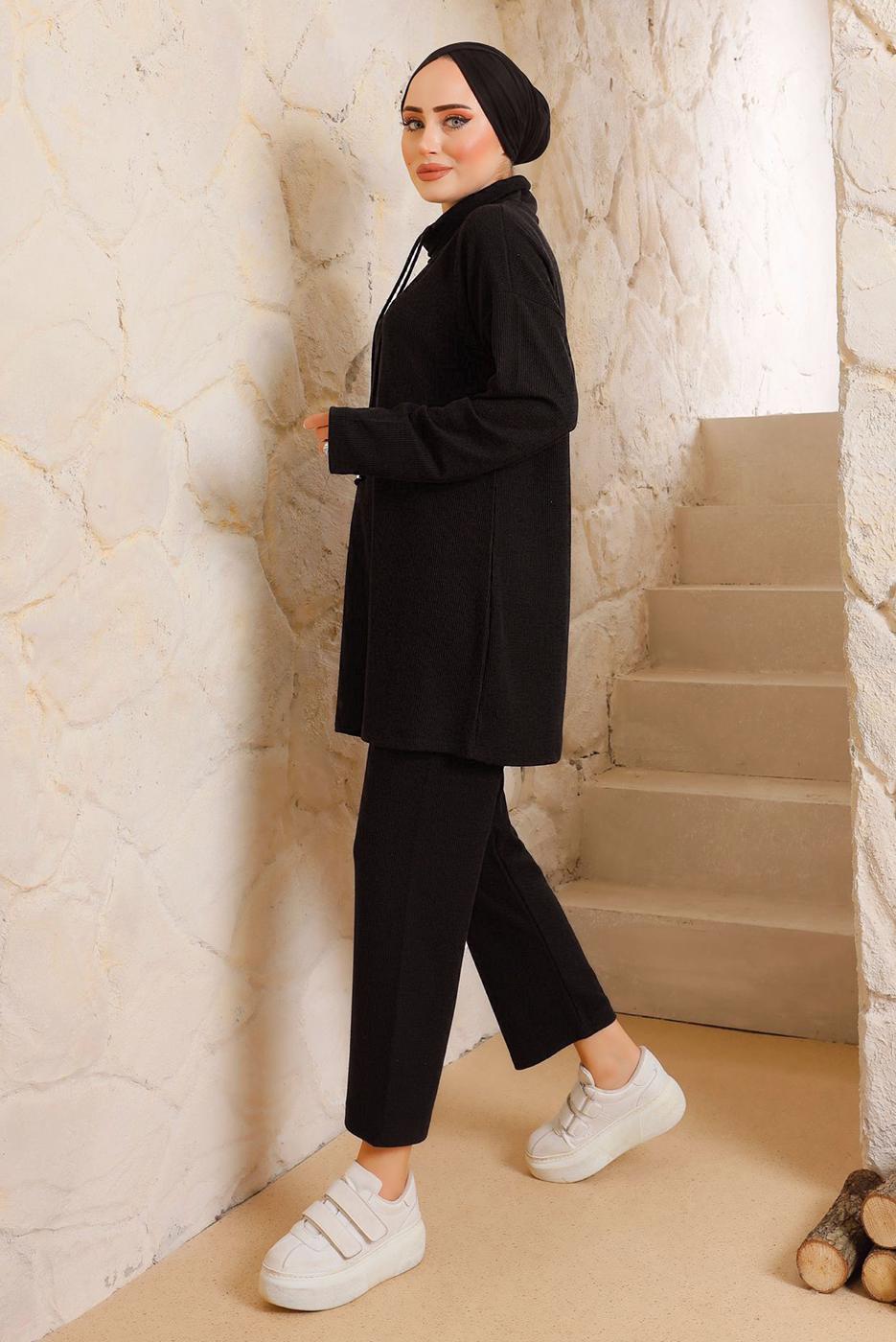 Vêtements hijab NOIR COSTUME PANTALON BASIQUE DÉTAIL NOUÉ 5482