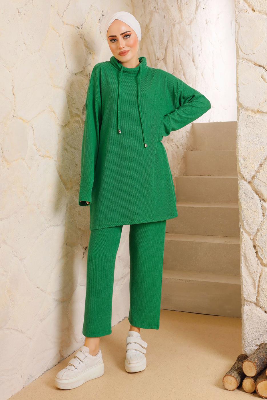 Vêtements hijab VERT COSTUME PANTALON BASIQUE DÉTAIL NOUÉ 5482