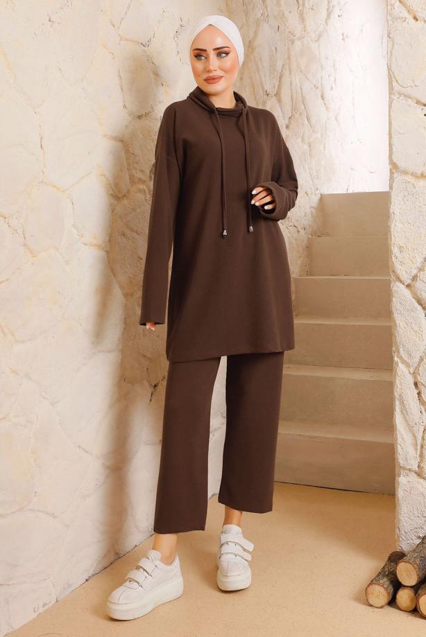 Vêtements hijab BRUN COSTUME PANTALON BASIQUE DÉTAIL NOUÉ 5482 - TRENDTESETTÜR