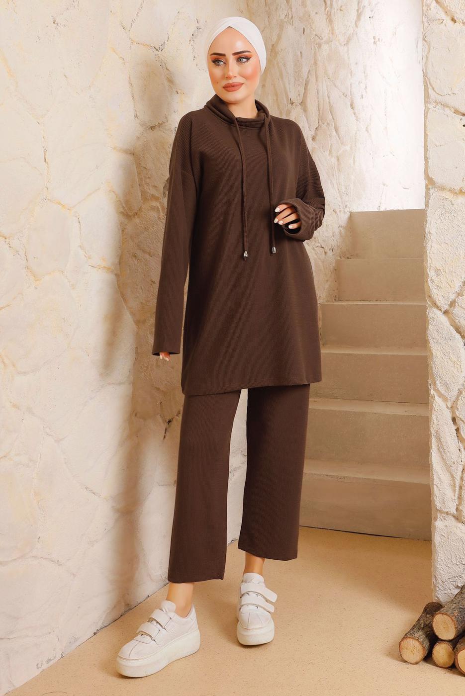 Vêtements hijab BRUN COSTUME PANTALON BASIQUE DÉTAIL NOUÉ 5482