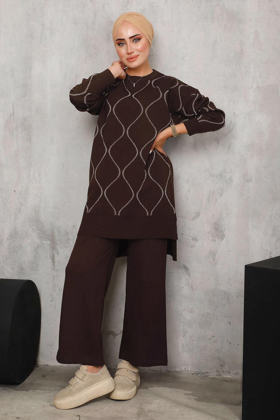 Tesettür giyim KAHVE DESENLİ TRİKO TAKIM 5592	