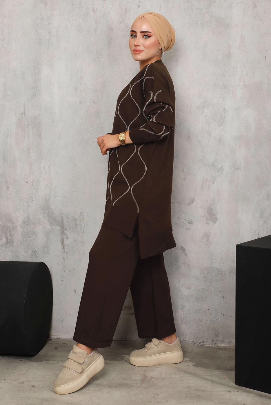 Tesettür giyim KAHVE DESENLİ TRİKO TAKIM 5592	