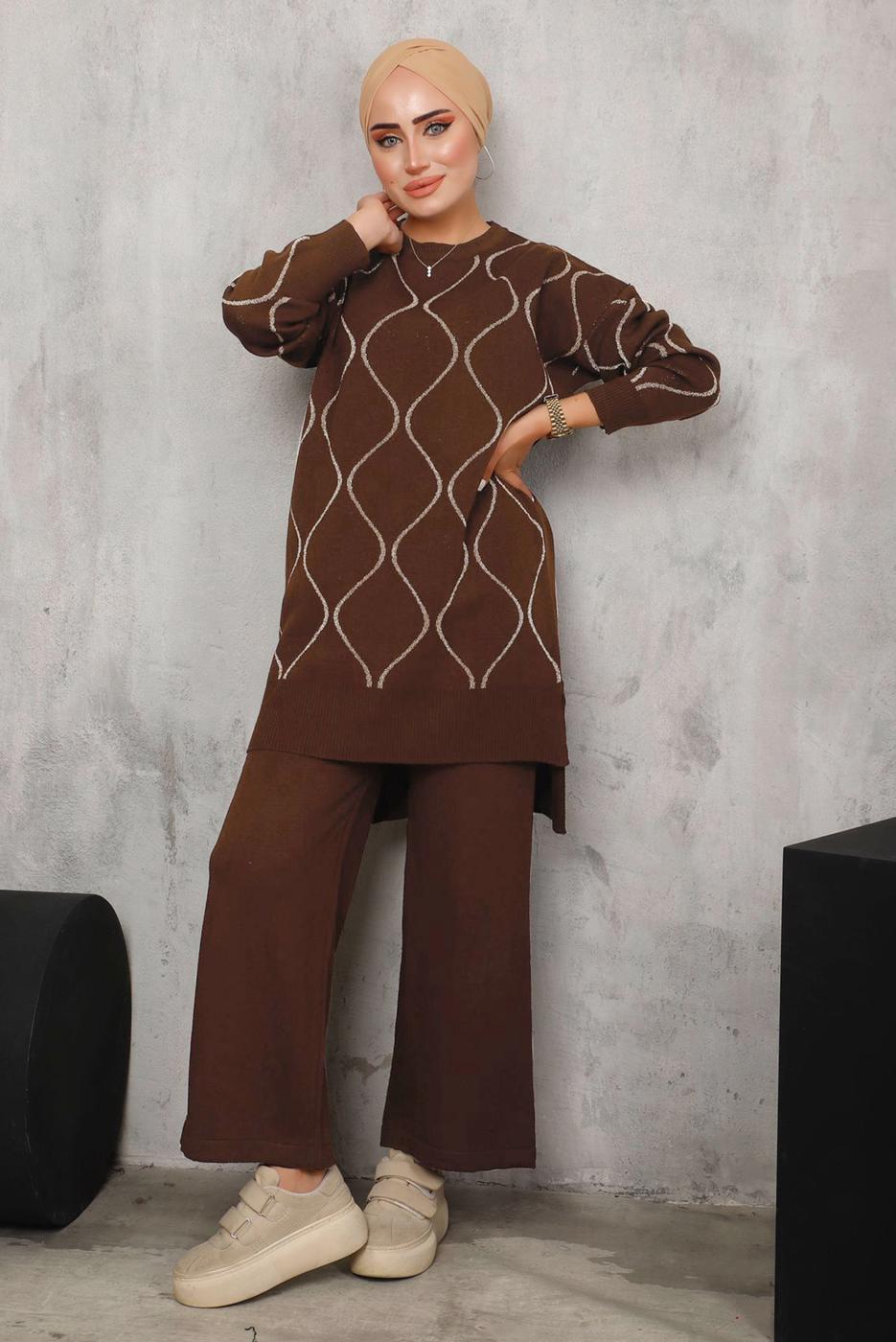 Tesettür giyim TABA DESENLİ TRİKO TAKIM 5592	