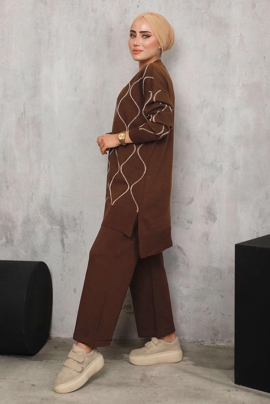 Tesettür giyim TABA DESENLİ TRİKO TAKIM 5592	