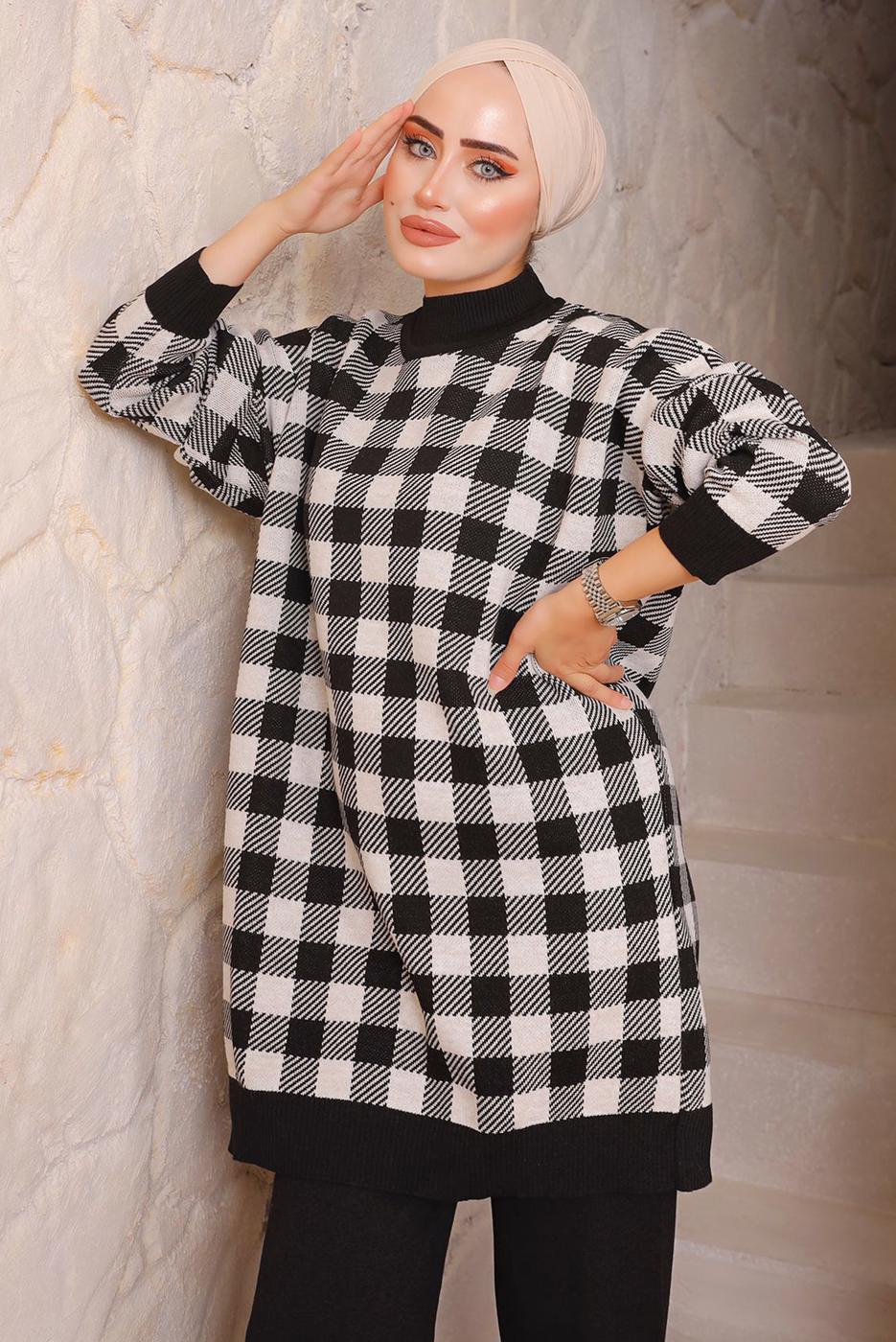 Tesettür giyim SİYAH KARE DESENLİ PANTOLONLU TRİKO TAKIM 5692 