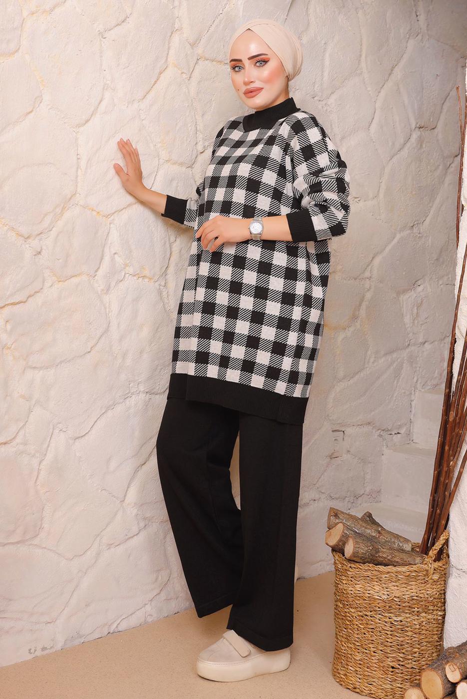 Tesettür giyim SİYAH KARE DESENLİ PANTOLONLU TRİKO TAKIM 5692 