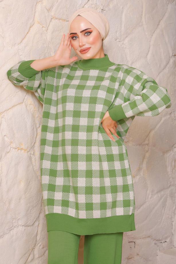 Vêtements hijab VERT ENSEMBLE PANTALON EN MAILLE À CARREAUX 5692 - TRENDTESETTÜR