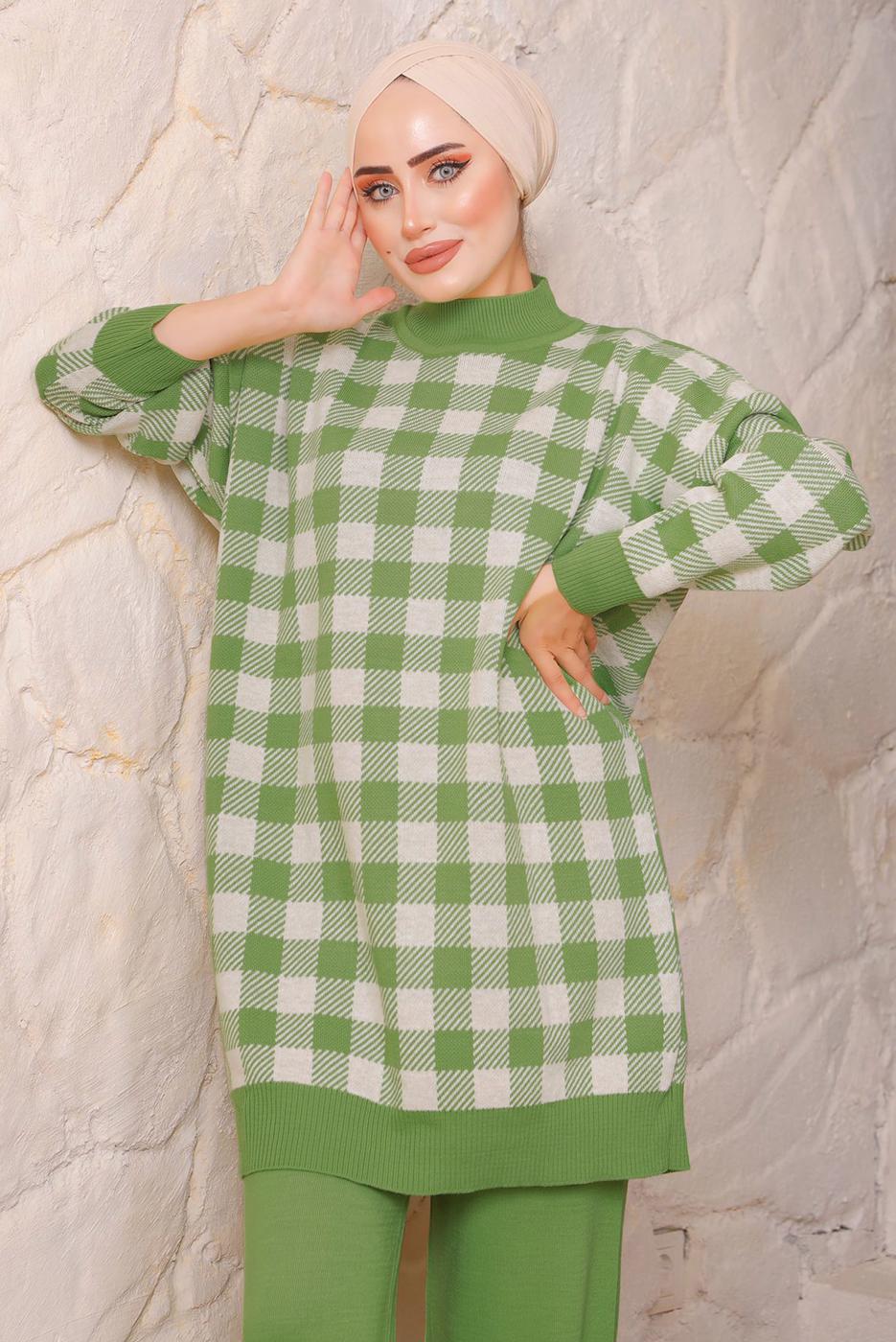 Vêtements hijab VERT ENSEMBLE PANTALON EN MAILLE À CARREAUX 5692