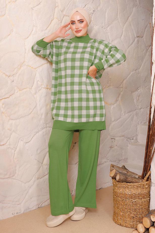 Vêtements hijab VERT ENSEMBLE PANTALON EN MAILLE À CARREAUX 5692 - TRENDTESETTÜR