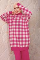 Tesettür giyim FUŞYA KARE DESENLİ PANTOLONLU TRİKO TAKIM 5692 