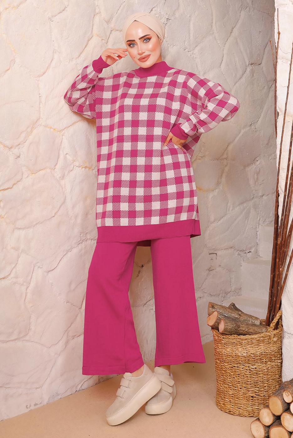 Tesettür giyim FUŞYA KARE DESENLİ PANTOLONLU TRİKO TAKIM 5692 