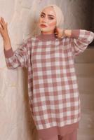 Tesettür giyim PUDRA KARE DESENLİ PANTOLONLU TRİKO TAKIM 5692 