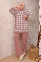 Tesettür giyim PUDRA KARE DESENLİ PANTOLONLU TRİKO TAKIM 5692 