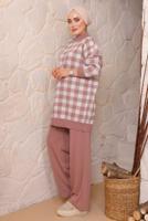 Tesettür giyim PUDRA KARE DESENLİ PANTOLONLU TRİKO TAKIM 5692 