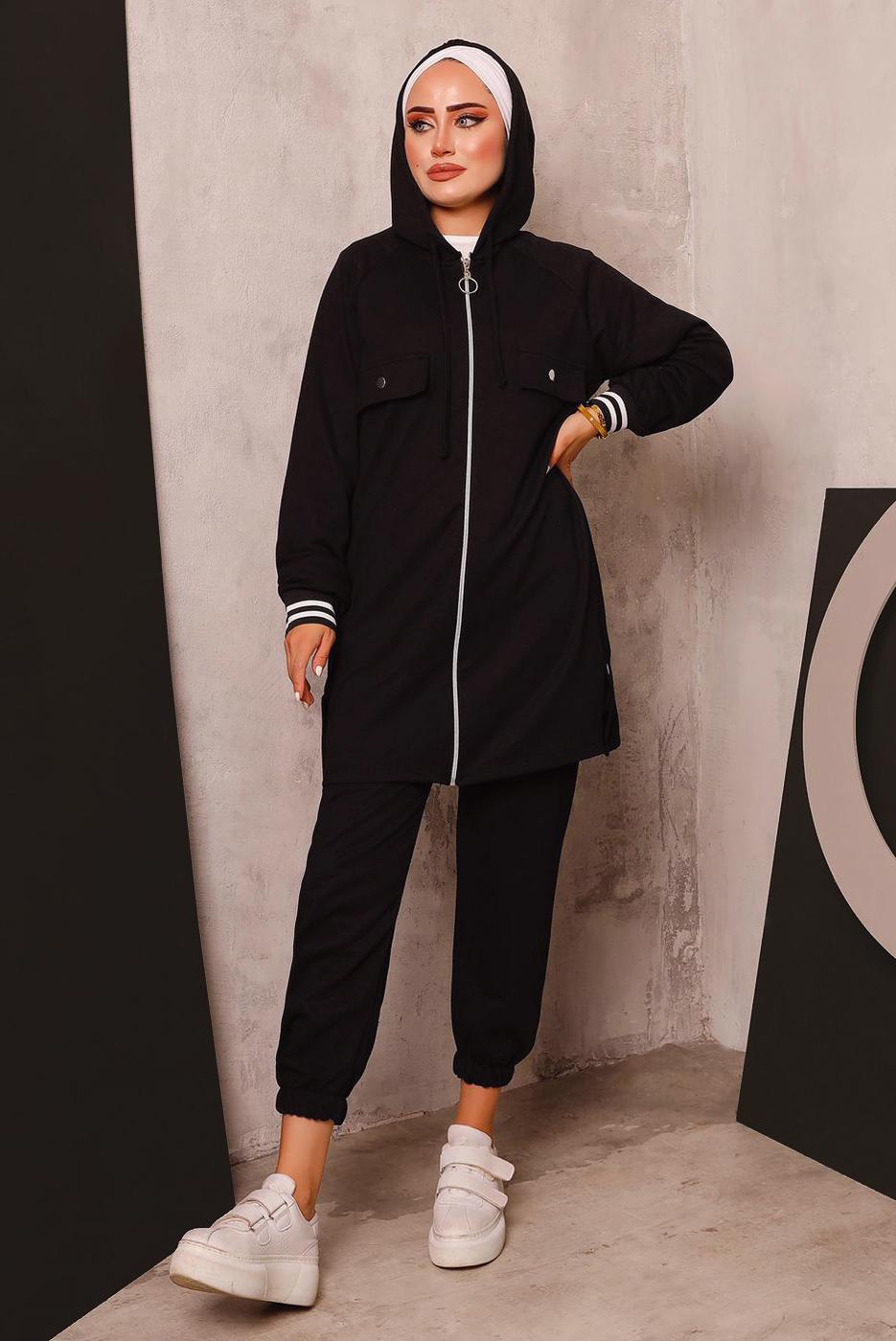 Tesettür giyim SİYAH FERMUARLI PANTOLONLU TAKIM 5872 