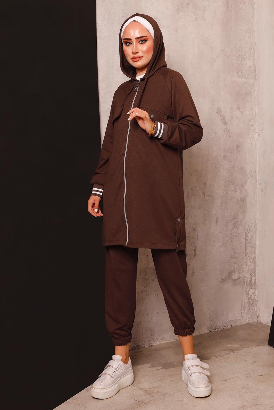 Tesettür giyim KAHVE FERMUARLI PANTOLONLU TAKIM 5872 