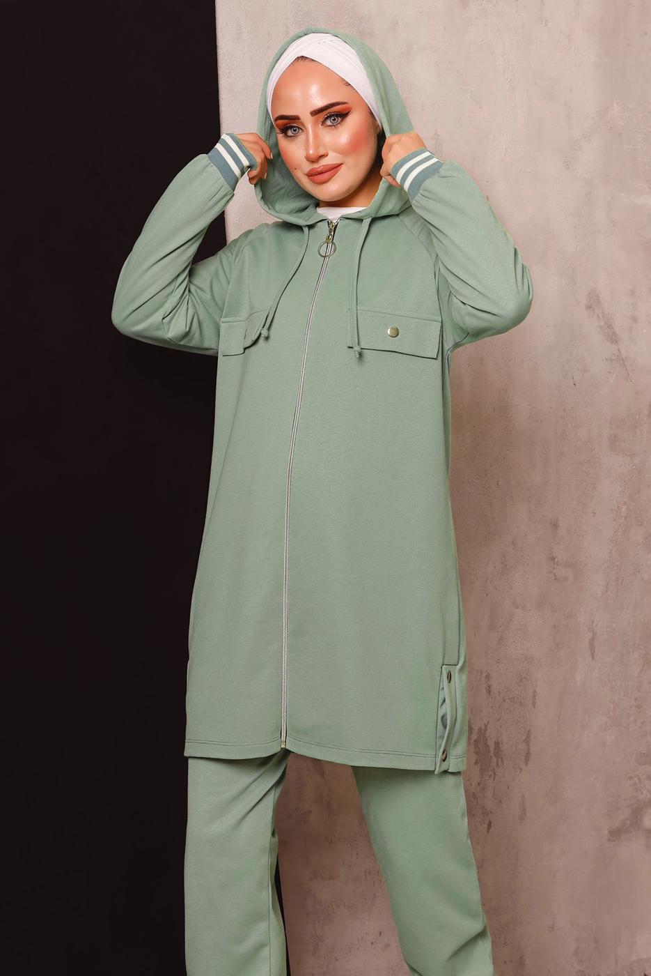 Tesettür giyim YEŞİL FERMUARLI PANTOLONLU TAKIM 5872 