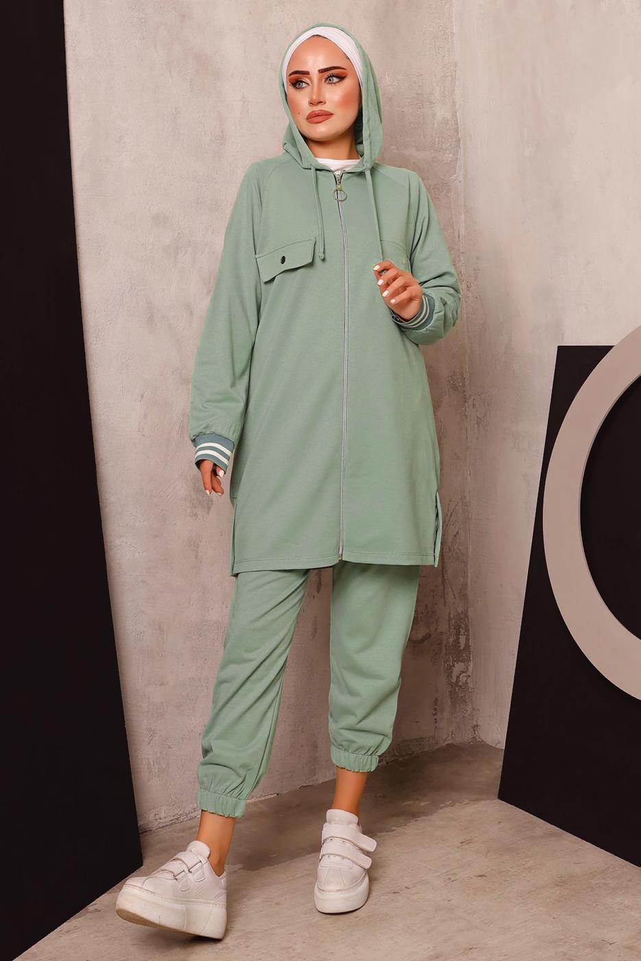 Tesettür giyim YEŞİL FERMUARLI PANTOLONLU TAKIM 5872 