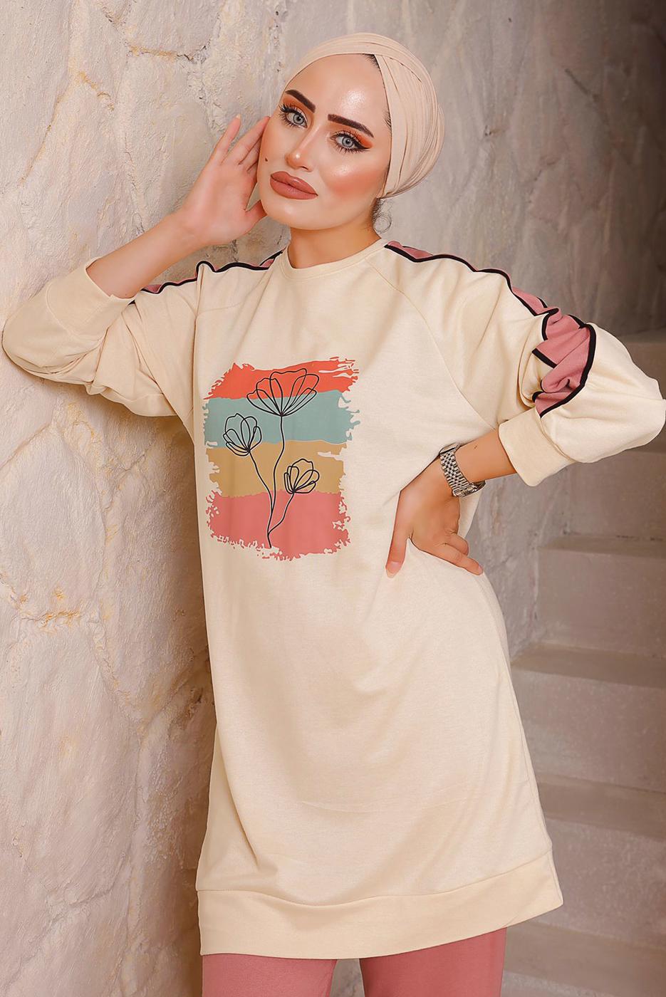 Tesettür giyim PUDRA BASKILI PANTOLONLU TAKIM 6172	