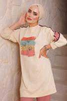 Tesettür giyim PUDRA BASKILI PANTOLONLU TAKIM 6172	