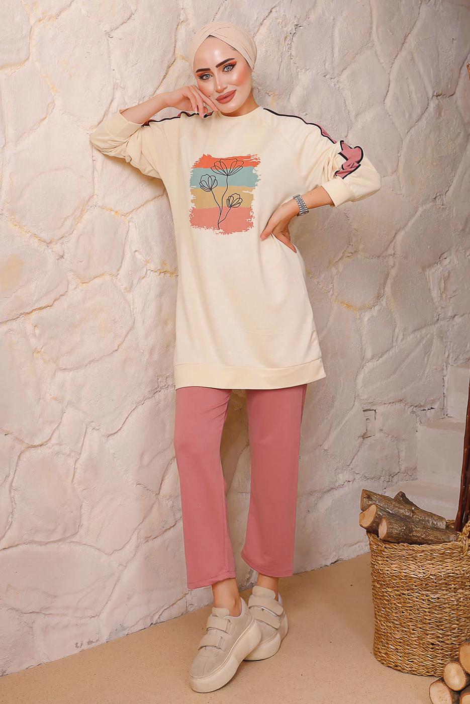 Tesettür giyim PUDRA BASKILI PANTOLONLU TAKIM 6172	