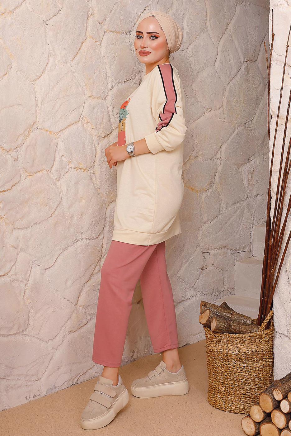 Tesettür giyim PUDRA BASKILI PANTOLONLU TAKIM 6172	