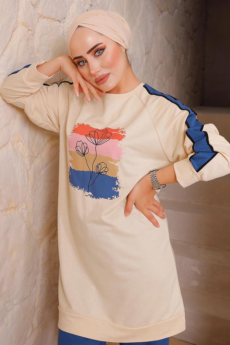 Tesettür giyim LACİVERT BASKILI PANTOLONLU TAKIM 6172	