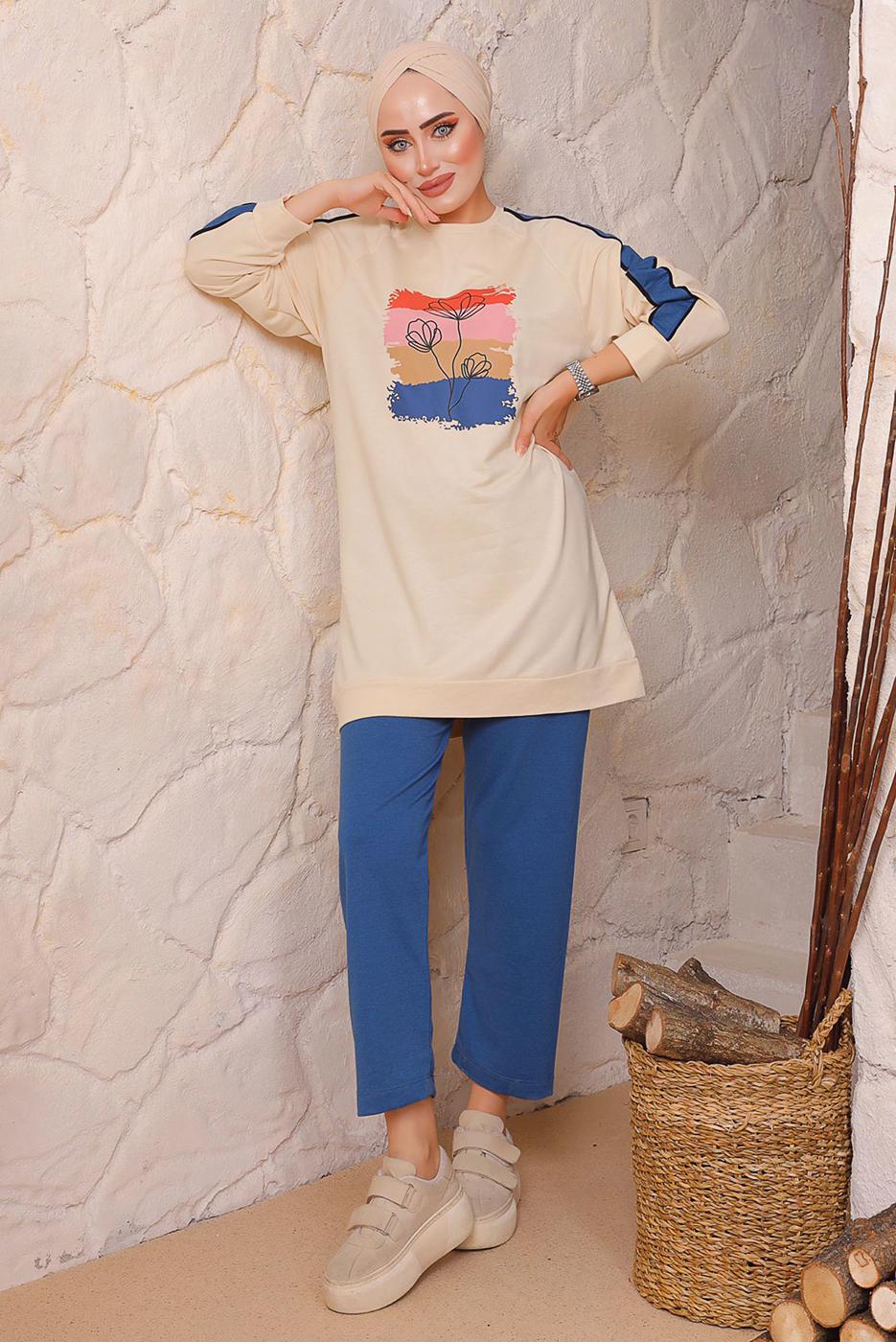 Tesettür giyim LACİVERT BASKILI PANTOLONLU TAKIM 6172	