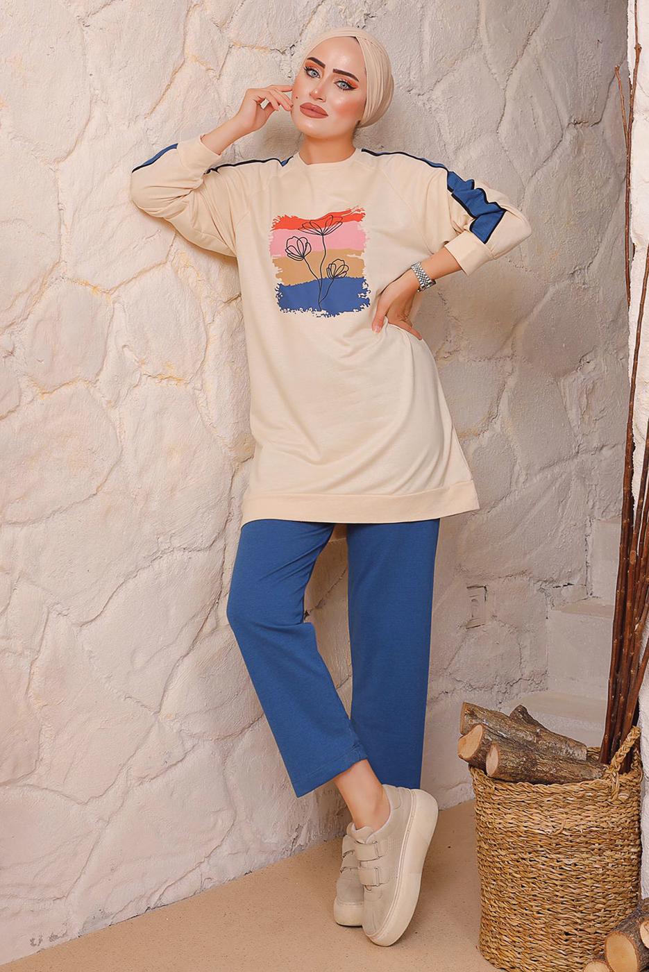 Tesettür giyim LACİVERT BASKILI PANTOLONLU TAKIM 6172	