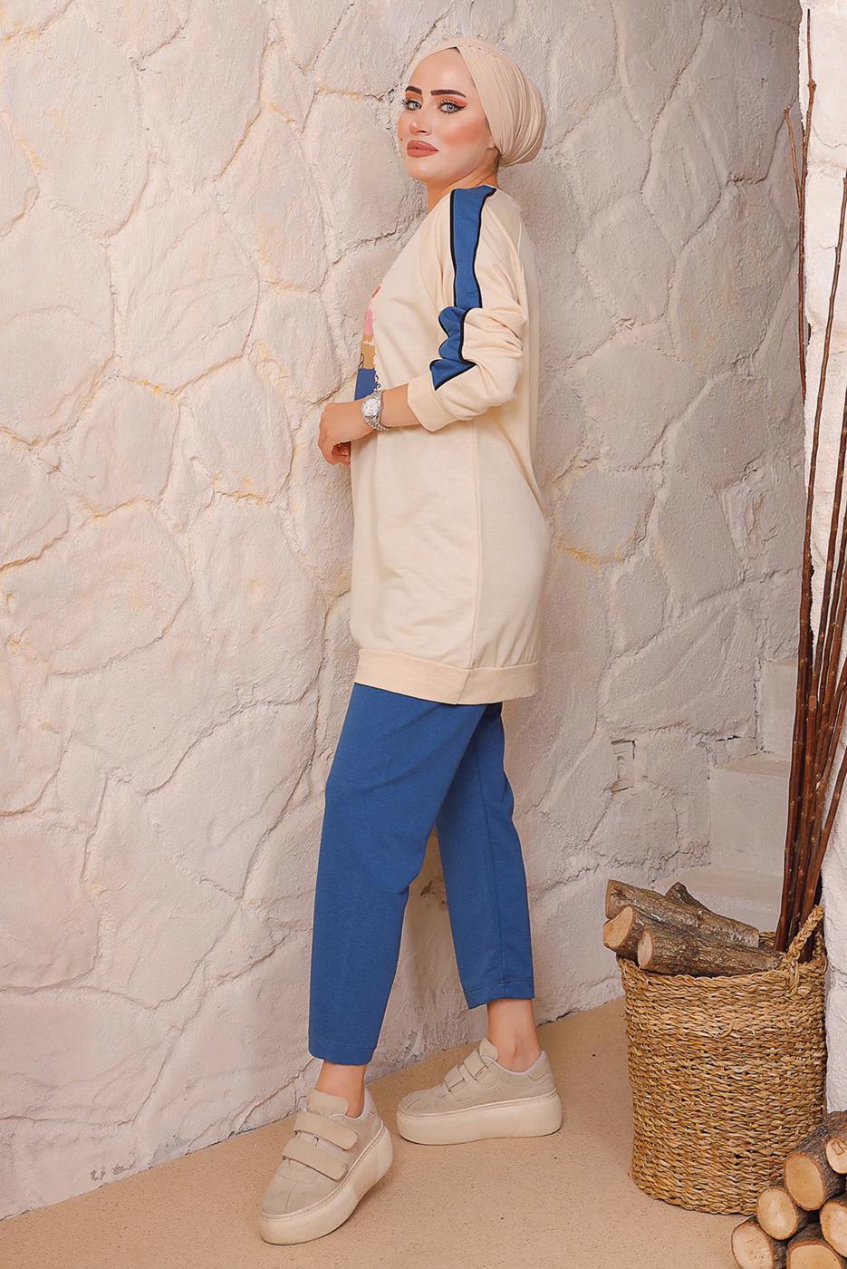 Tesettür giyim LACİVERT BASKILI PANTOLONLU TAKIM 6172	