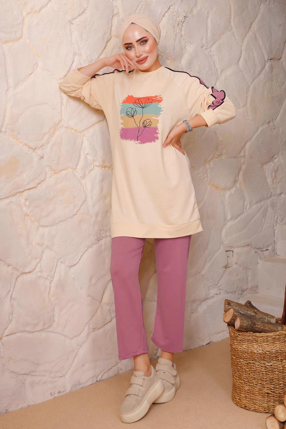 Tesettür giyim MOR BASKILI PANTOLONLU TAKIM 6172	