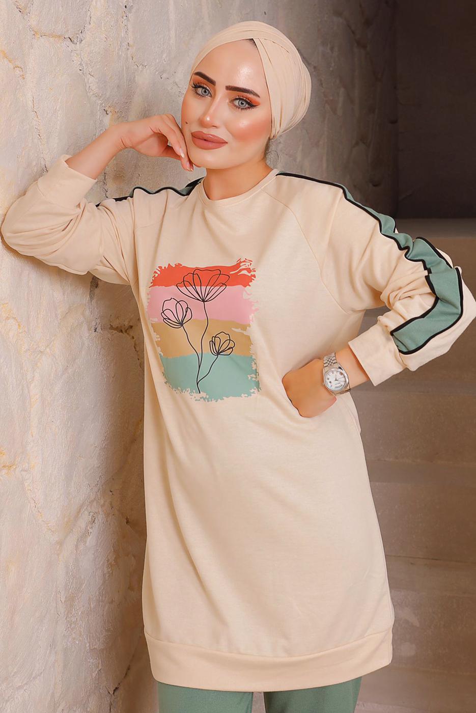 Tesettür giyim YEŞİL BASKILI PANTOLONLU TAKIM 6172	