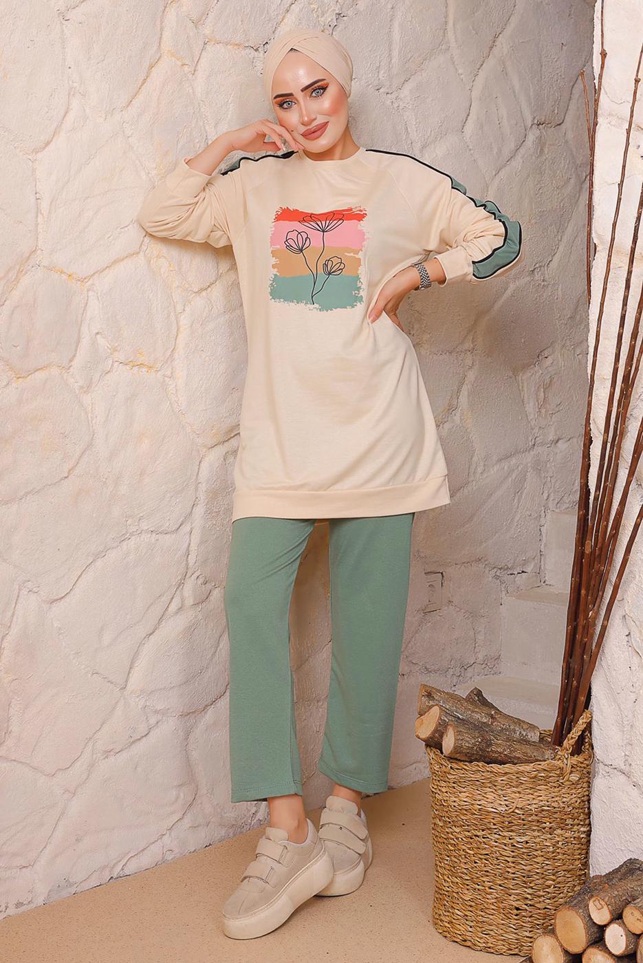 Tesettür giyim YEŞİL BASKILI PANTOLONLU TAKIM 6172	