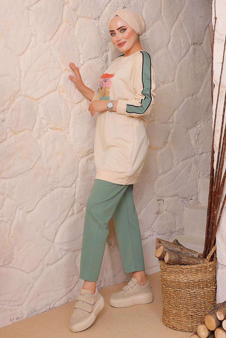 Tesettür giyim YEŞİL BASKILI PANTOLONLU TAKIM 6172	