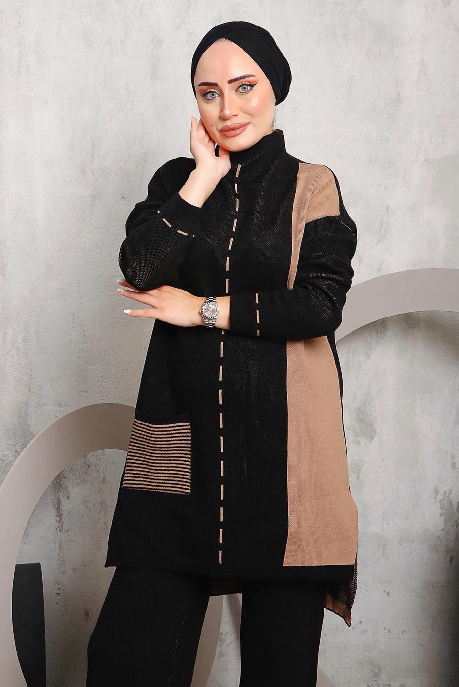 Hijab clothing BLACK PATTERNED KNITWEAR PANTS SUIT 6192
