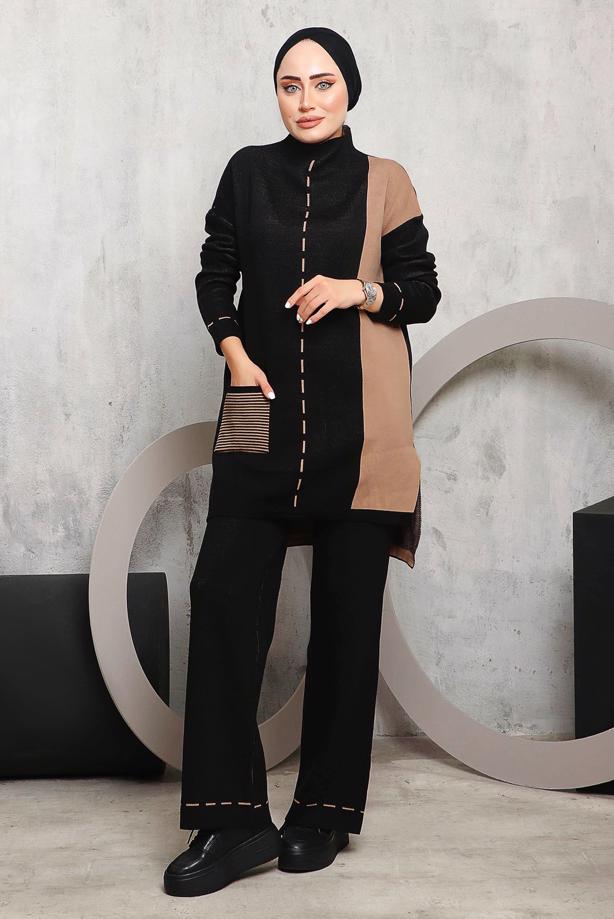 Hijab clothing BLACK PATTERNED KNITWEAR PANTS SUIT 6192 - TRENDTESETTÜR