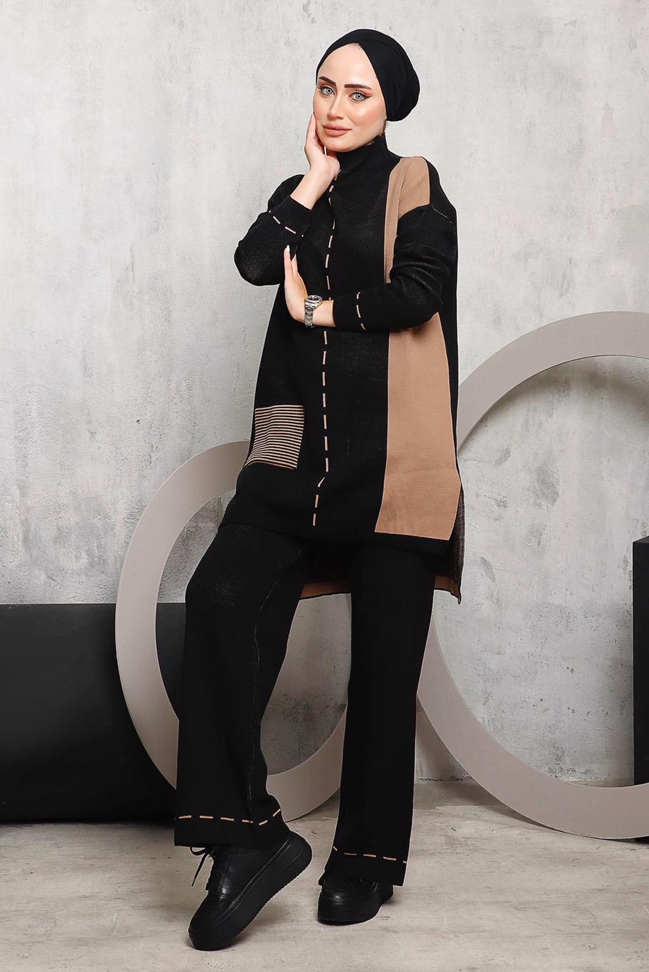 Hijab clothing BLACK PATTERNED KNITWEAR PANTS SUIT 6192