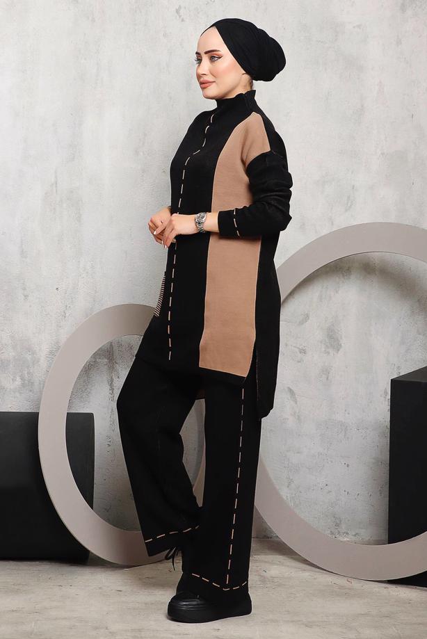 Hijab clothing BLACK PATTERNED KNITWEAR PANTS SUIT 6192 - TRENDTESETTÜR