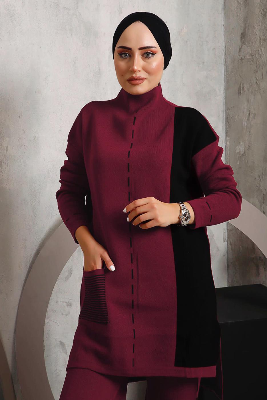 Tesettür giyim BORDO DESENLİ TRİKO PANTOLONLU TAKIM 6192