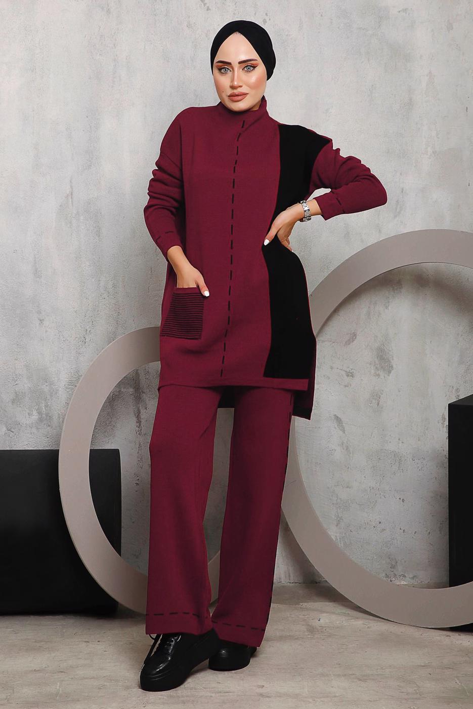 Tesettür giyim BORDO DESENLİ TRİKO PANTOLONLU TAKIM 6192