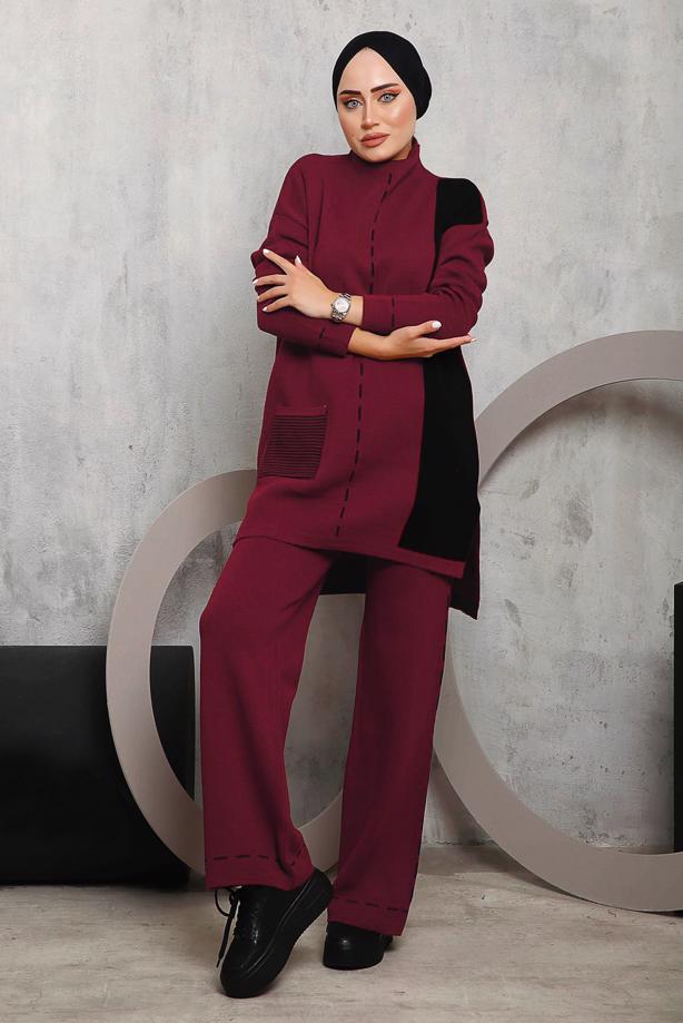 Hijab clothing CLARET RED PATTERNED KNITWEAR PANTS SUIT 6192 - TRENDTESETTÜR