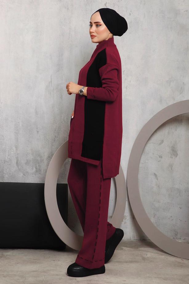 Hijab clothing CLARET RED PATTERNED KNITWEAR PANTS SUIT 6192 - TRENDTESETTÜR