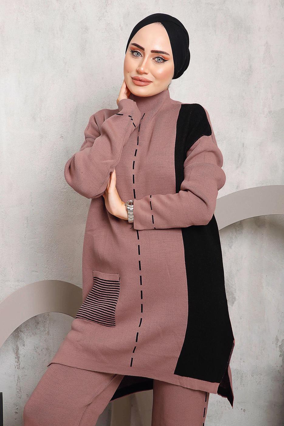 Tesettür giyim PUDRA DESENLİ TRİKO PANTOLONLU TAKIM 6192