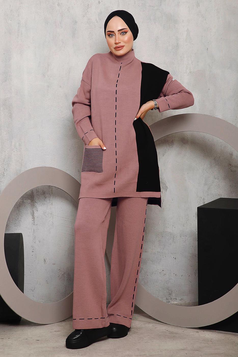 Tesettür giyim PUDRA DESENLİ TRİKO PANTOLONLU TAKIM 6192
